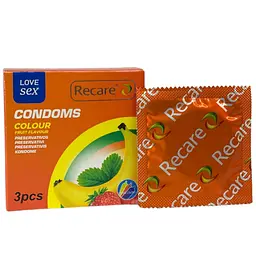 Презервативи Recare Color Fruit Flavour 3 шт. з ароматами: м'ята/зелений, банан/жовтий, полуниця/червоний (ROZ6501053502) - мініатюра 2