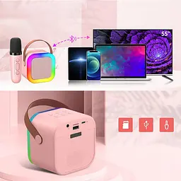 Колонка караоке та 2 мікрофони зі зміною голосу Bluetooth колонка з RGB підсвічуванням UKC K2 рожева - мініатюра 3