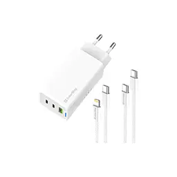 Зарядний пристрій ColorWay GaN Mini 65 Вт, PD/PPS, 2xUSB-C + 1xUSB-A, кабель USB-C — Lightning (CW-CHS058PDCL-WT)