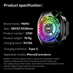 Магнітний кулер активне охолодження для телефону / планшета Memo CX10 RGB Pro Black (18552) - мініатюра 2