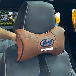 Подушка на підголівник з логотипом Hyundai Екошкіра 3D Кольоровий лого Коричневий-Коричневий кант 1 шт