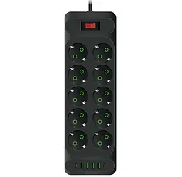Мережевий фільтр-подовжувач Voltronic F35U, 10 розеток EU + 4xUSB + 2xPD, 2 м, 3×0,75 мм, 2500 Вт, чорний - мініатюра 1