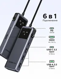 USB-C хаб UGREEN Uno CM889 6 в 1 3 USB-A 3.0 + 1 USB-C 3.0 для даних до 5 Гбіт/с HDMI до 4K 60 Гц / 2K 144 Гц / 1080p 240 Гц вхід USB-C PD 3.0 до 100 Вт хост до 90 Вт без споживача на виході PD або до 70 Вт із ним заряджання периферії через USB-C PD 3.0 до 20 Вт HDMI потребує USB-C хоста з DisplayPort Alt Mode кнопка ввімкнення/вимкнення HDMI LED-дисплей стану підключень дублювання/розширення без драйверів сірий із чорною панеллю (75177) - мініатюра 2