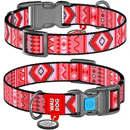 Нашийник для собак Waudog Nylon Етно червоний, з QR паспортом, пластиковый фастекс, M, 24-40х2 см - мініатюра 3
