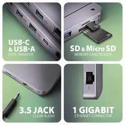 Концентратор AXAGON USB-C 12-in-1 HDMI + DisplayPort + RJ45 1000Mbps + PD100W aluminum gray (HMC-12GM2) - мініатюра 4