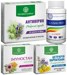 Комплексна програма при застуді, ГРЗ, ГРВІ, Антивірин, Імуностан, Цетрарія Карпатська, Амінокислота L-Лізин Pro,"Рослина Карпат"