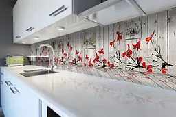 Кухонний фартух Ілюзія вінілова наклейка 3д дошки червоні квіти Прованс Сірий 60х300 см Happy Pocket Z180655 - мініатюра 6