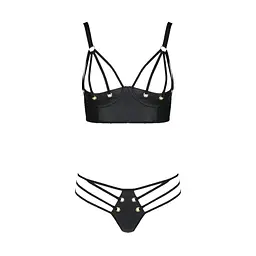 Комплект з екошкіри Passion MALWIA BIKINI 6XL/7XL black, з люверсами та ремінцями, бра, трусики - мініатюра 3
