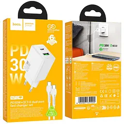 МЗП Hoco N71 Nuevo PD30W+QC3.0 (1USB-A/1C) + кабель Type-C to Type-C White - мініатюра 4