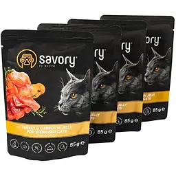Уцінка. Набір вологих кормів Savory 3+1 для стерилізованих котів, індичка з морквою в желе 340 г (4 шт. х 85 г)  - мініатюра 3