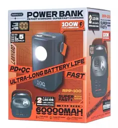 Портативна батарея для ноутбука Remax RPP-100 60000mAh Power Bank 100W+22.5W PD+QC Grey - мініатюра 3
