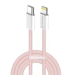 Кабель Type-C - Lightning, 1 м, рожевий, ColorWay, 27 Вт, 3A, Braided Cotton (CW-CBPDCL061-P)