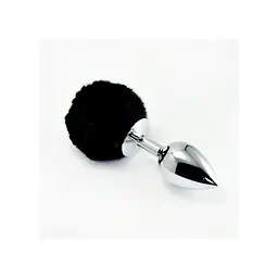 LoveToy Large Silver Plug+Pompon Black - Велика срібляста анальна пробка з пухнастим хвостом, 17х4 см, чорний