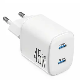 Мережевий зарядний пристрій Brevia ePowerGaN PD45W 2xUSB-C білий 44045GDCW
