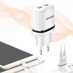Зарядка для телефона 2хUSB "Awei C-930" Біло-чорна, мережевий зарядний пристрій — блок живлення 1 А/2.1А - мініатюра 2