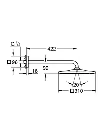 Верхній душ з душовим кронштейном 422 мм, 1 режим струменя Grohe Rainshower 310 Mono Cube 26564DC0, Нержавіюча сталь - мініатюра 3