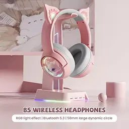 Дитячі ігрові бездротові Bluetooth навушники Onikuma B5 з RGB підсвічуванням і вбудованим мікрофоном Рожевий - мініатюра 10