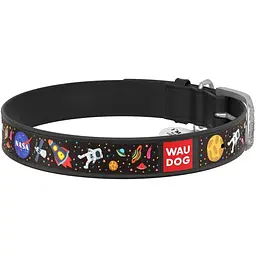 Нашийник для собак Waudog Design NASA, шкіряний, з QR паспортом, M, 30-39х2 см, чорний