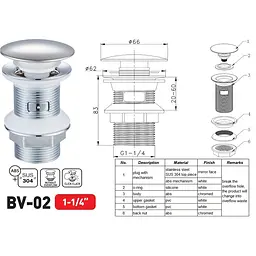 Донний клапан для раковини Zerix BV-02 без переливу автоматичний Click-Clack 1 1/4″ ZX6015 - мініатюра 3