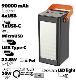 Зовнішній акумулятор Hoco J107 90000mAh PD20W+QC3.0 із лампою 22.5W (Чорний)Зовнішній акумулятор Hoco J107 90000mAh PD20W+QC3.0 із - мініатюра 4