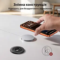 Магнітний тримач-кільце з підставкою для телефона UGREEN LP1022 двостороннє магнітне кріплення до пристрою та сталевих поверхонь сумісний із MagSafe з металевим кільцем для телефонів і чохлів без MagSafe обертання 360° та регульований нахил знімна конструкція сила зчеплення 60 Н із металевим кільцем чорний і темно-сірий із білим маркуванням (65301) - мініатюра 10