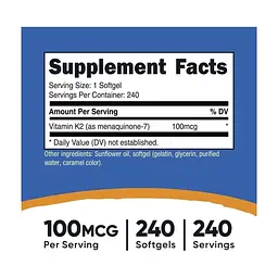 Вітамінно-мінеральний комплекс Nutricost Вітамін К2 у формі МК-7, 100 мкг, Vitamin K2 MK-7, 240 гелевих капсу (NCS67264) - мініатюра 4