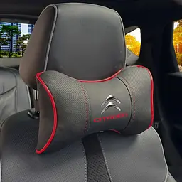 Подушка на підголівник з логотипом Citroen Екошкіра 3D Кольоровий лого Чорна-Червоний кант 1 шт