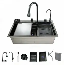 Кухонна мийка з нержавіючої сталі Zerix ZH7546-SET-06 Micro Decor Graphite з вбудованим змішувачем ZM5587, Графит - мініатюра 3