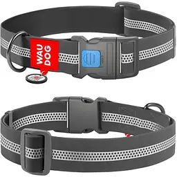 Нашийник для собак водостійкий Waudog Waterproof з QR паспортом, світловідбивний, пластиковий фастекс, XXL, 46-70х4 см, сірий