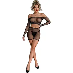 Бодістокінг Caprice Lingerie Model 07 One Size Black, топ, велосипедки, сітка зі стразами