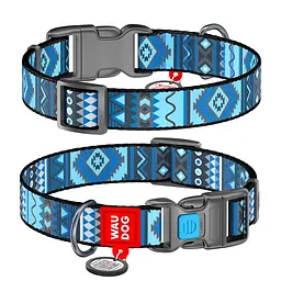 Нашийник для собак нейлоновий Waudog Nylon з QR-паспортом "Етно синій" пластиковий фастекс Ш 25 мм Д 33-49 см