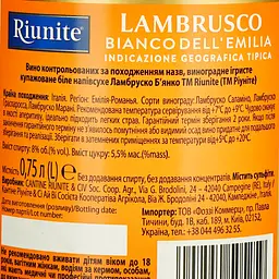 Вино ігристе Riunite Lambrusco Emilia IGT Bianco 8% 0.75 л (619581) - мініатюра 6