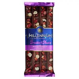 Шоколад молочний Millennium Fruits&Nuts з мигдалем, цілими лісовими горіхами, журавлиною та родзинками 90 г (856195)