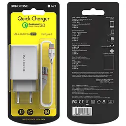 МЗП Borofone BA21A Long journey QC3.0 3A (1USB-A) + кабель USB to Type-C Білий - мініатюра 6