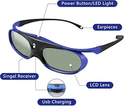 3D-окуляри Wowlela, універсальні з активним затвором DLP 96-144 Гц для Optoma BenQ Acer Viewsonic XGIMI Projector - мініатюра 2