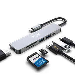 USB-хаб XON SmartHub 6 в 1 (HDMI, SD/TF, Type-C, USB3.0, USB2.0) Сірий (UHCHP063300G 5153)