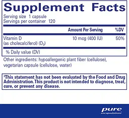 Вітамін D3 Pure Encapsulations Vitamin D3 400 МО 120 капсул - мініатюра 2