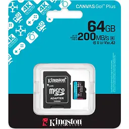 Карта пам'яті Kingston microSD 64GB C10 UHS-I U3 A2 V30 R200MB/s + SD (SDCG4/64GB) - мініатюра 3