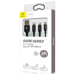 Кабель Baseus Rapid Cable USB to Lightning/microUSB/Type-C 3A 1.2m CAMLT-SU01 Black - мініатюра 2