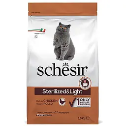 Сухий монопротеїновий корм для стерилізованих котів Schesir Cat Sterilized & Light Шезір лайт з куркою 1.5 кг (ШКВСК1,5)