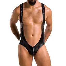 Чоловіче відкрите боді Passion 027 BRUNO L/XL Black, під латекс, на шлейках - мініатюра 1