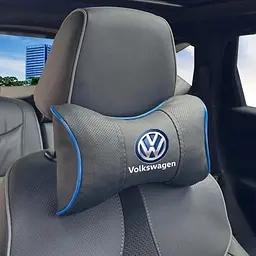 Подушка на підголівник з логотипом Volkswagen Екошкіра 3D Кольоровий лого Чорна-Синій кант 1 шт
