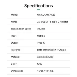 Перехідник Orico USB-A 3.1 до USB-C/Type-C конвертер 10Gbps Gray (AH-AC10-GY-BP) - мініатюра 4