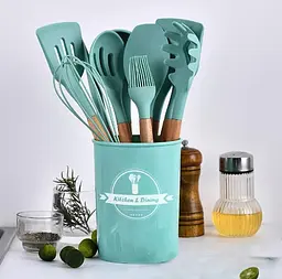 Силіконовий кухонний набір приладдя Kitchen & Dining 12 предметів (дерево+силікон) бірюзовий - мініатюра 2