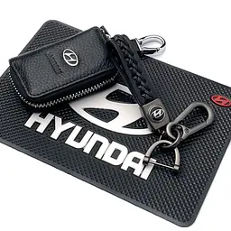 Подарунковий набір №44 для Hyundai / килимок панелі / брелок з карабіном / чохол із тисненої шкіри