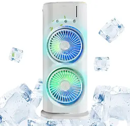 Портативний настільний подвійний вентилятор з охолодженням льодом та RGB LED підсвічуванням акумуляторний переносний поворотний на 180° USB охолоджувач повітря з розпилювачем водного туману Double ended Spray Fan UKC 33276