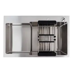 Кухонна мийка Platinum Handmade 78x50С L з нержавіючої сталі 3.0 мм квадратний сифон 78x50x22 см сатин - мініатюра 3