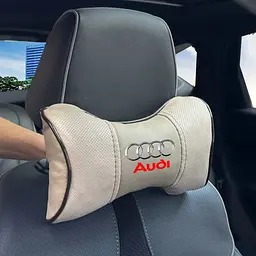 Подушка на підголівник з логотипом Audi Екошкіра 3D Кольоровий лого Бежева-Коричневий кант 1 шт