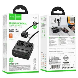 Мережевий зарядний пристрій подовжувач Hoco AC27 USB/2 Type-C PD 30W 2 розетки 2m чорний - мініатюра 5