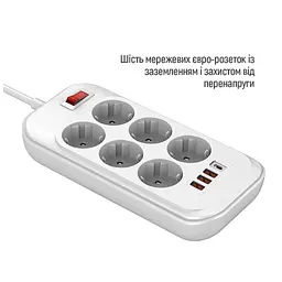 Мережевий фільтр живлення ColorWay CW-CHE64PDW, 6 розеток/4USB 2M (CW-CHE64PDW) - мініатюра 5